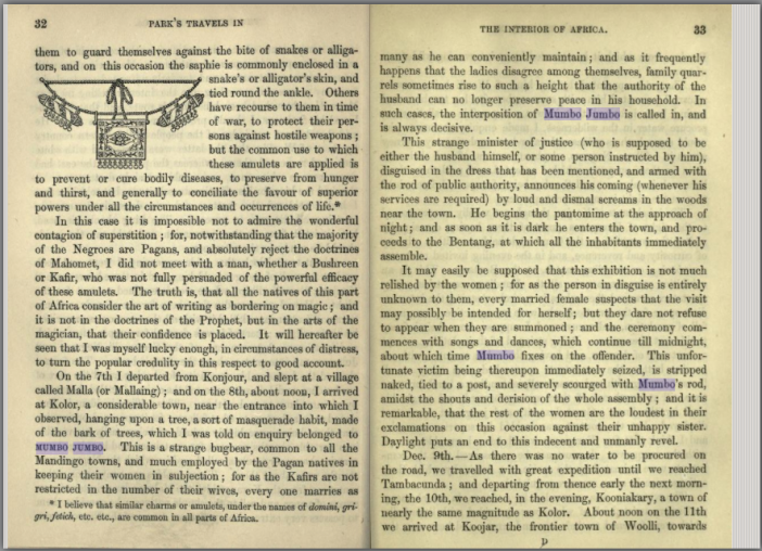 Mungo Park's description of the Mandingo "Mumbo Jumbo." Screenshot from Open Library. 