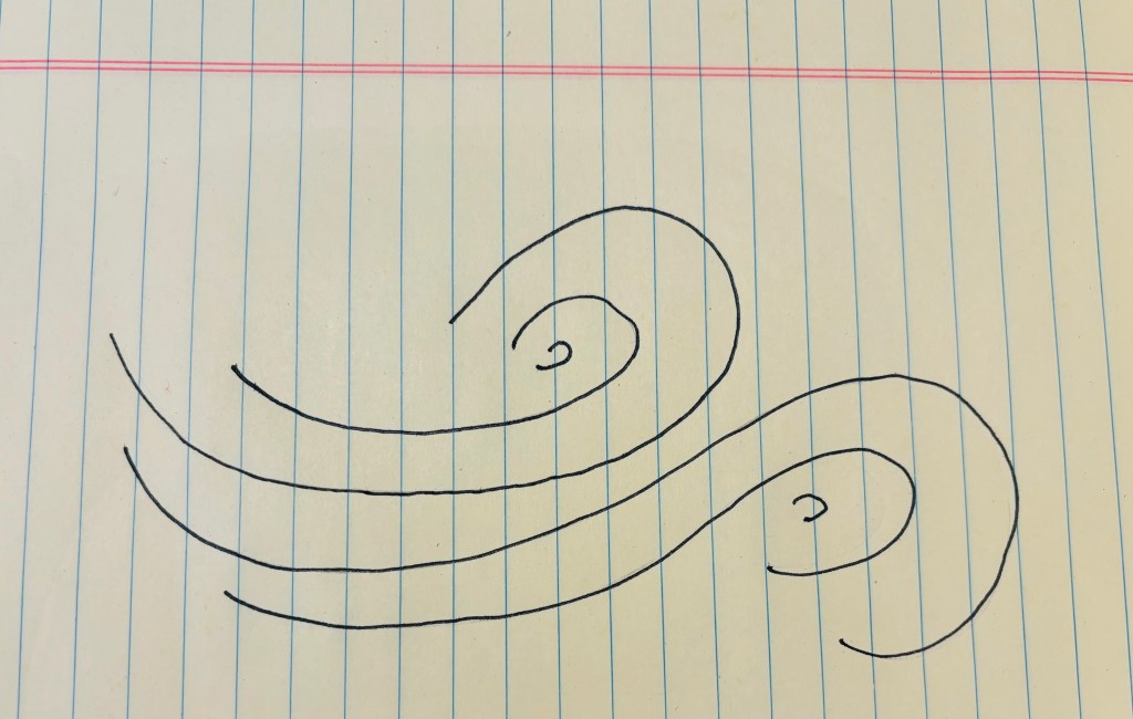 A sketch on a legal pad of symbolic gentle breeze as represented by softly swirly lines.