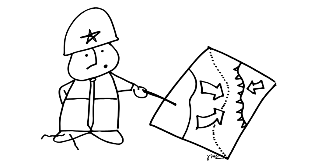 A black-and-white hand-drawn cartoon office worker with a military general helmet on pointing to a battle plan.
