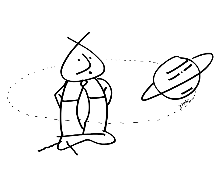 A black-and-white hand-drawn sketch of a cartoon office worker being orbited by a ringed planet.
