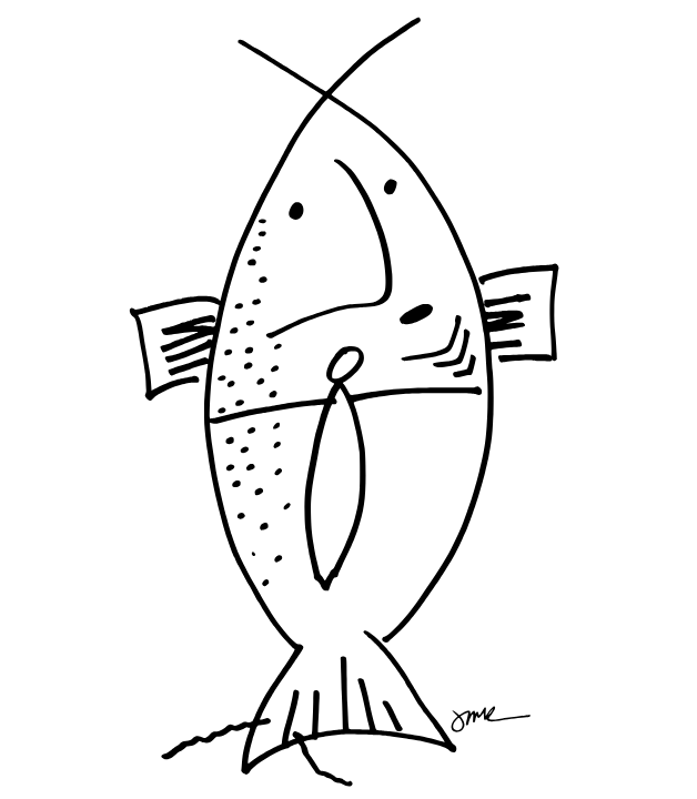 A black-and-white hand-drawn sketch of a cartoon office worker stylized as a salmon fish.