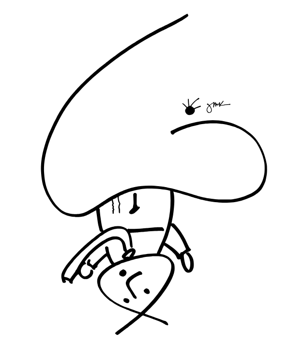 A black-and-white hand-drawn sketch of a cartoon office worker stuck hanging upside down in a giant nose that has a hairy nose on it.