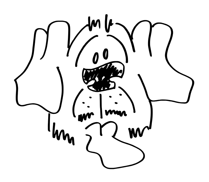 A black-and-white hand-drawn sketch of a cartoon dog with floppy ears, shaggy eyebrows and beard, and pendent tongue.