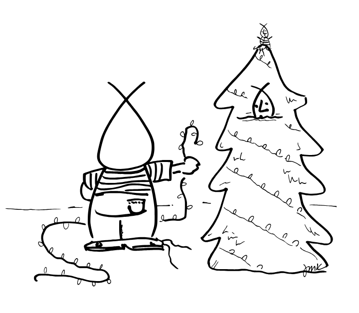 A black-and-white hand-drawn sketch of a cartoon character holding a string of Christmas lights standing next to a Christmas tree with a similar character peeking out from inside. The tree topper is in the shape of the same character.