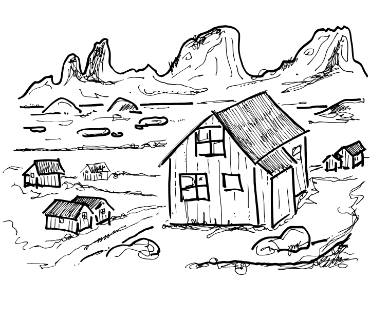 Black-and-white hand-drawn sketch of a Greenland landscape, showing simple houses along a coast with towering mountains in the distance.