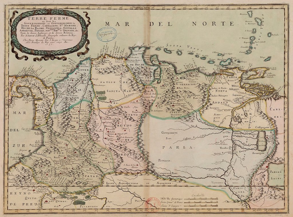 An early map of the Spanish colonial Province of Venezuela by French cartographer Nicolas Sanson in 1656. The name "Venezuela" appears in the legend in the top-left quadrant. Held by the French National Library.