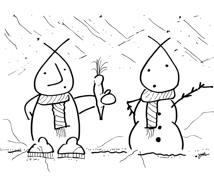 A black-and-white hand-drawn sketch of a cartoon character wearing a scarf and holding a carrot out to a similar cartoon character in the shape of a snowman. They stand in wintry weather.