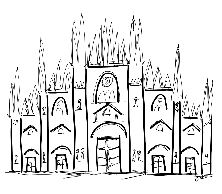 A simple black-and-white hand-drawn sketch of the Milan Cathedral.